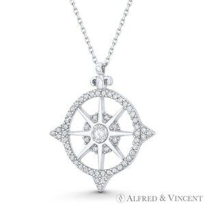 Northstar Compass Nautical Charm CZ Crystal Pendant in .925 Sterling Silver